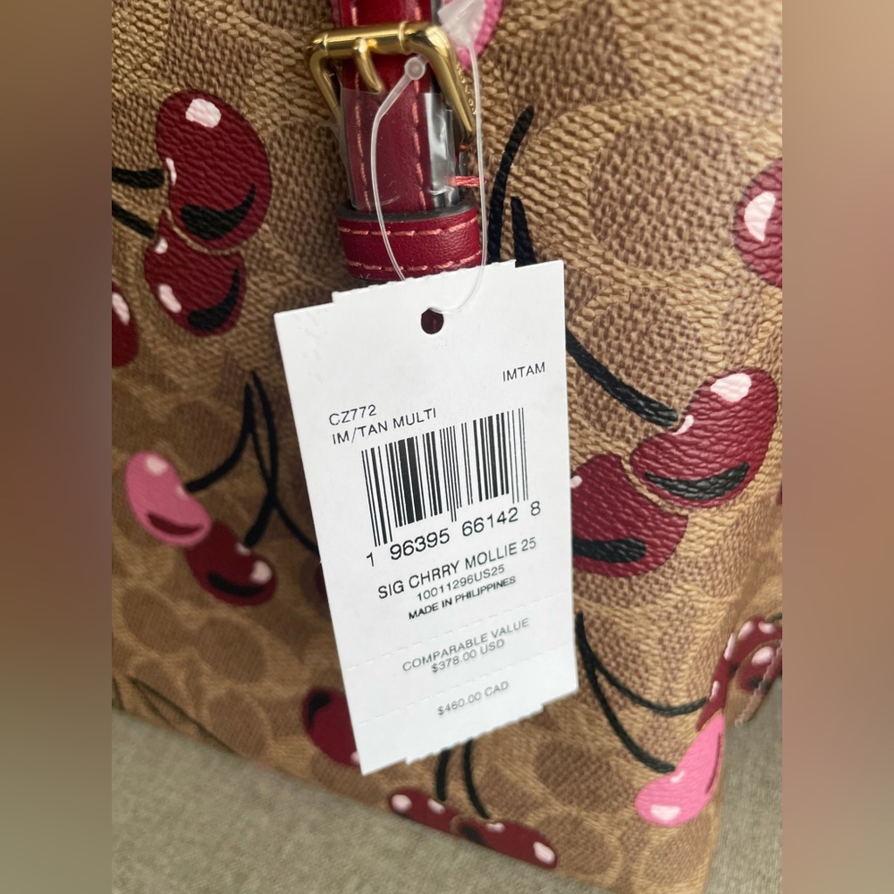 NWT！2PCS COACH MOLLIE TOTE BAG 25 IN SIGNATURE WITH CHERRY AND WRISTLET - Picture 7 of 11